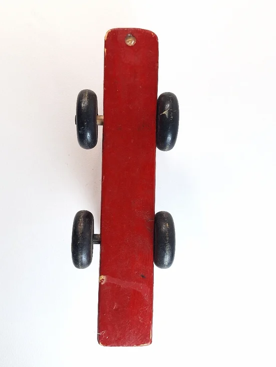 Vintage Red Wooden Toy Train Cars Set of 2 Pull-Along Locomotive & Flatbed Wagon - Picture 6 of 12